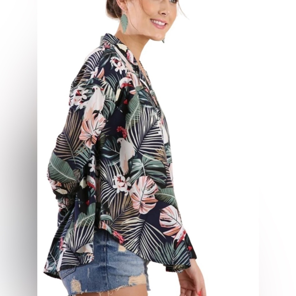 UMGEE Women’s Tropical Bird Floral Print Blouse French Cuffs Multicolor Medium